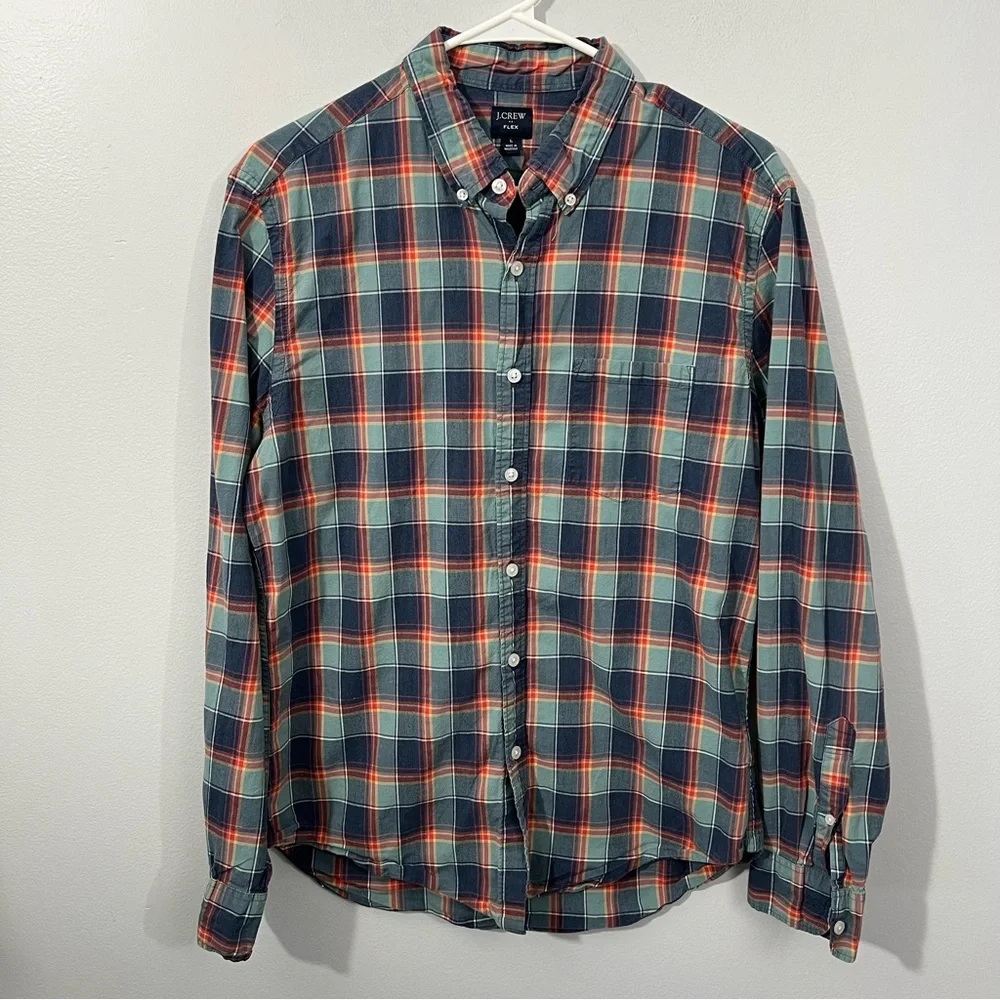 J. Crew Men's Casual Plaid Shirt - Green and Orange